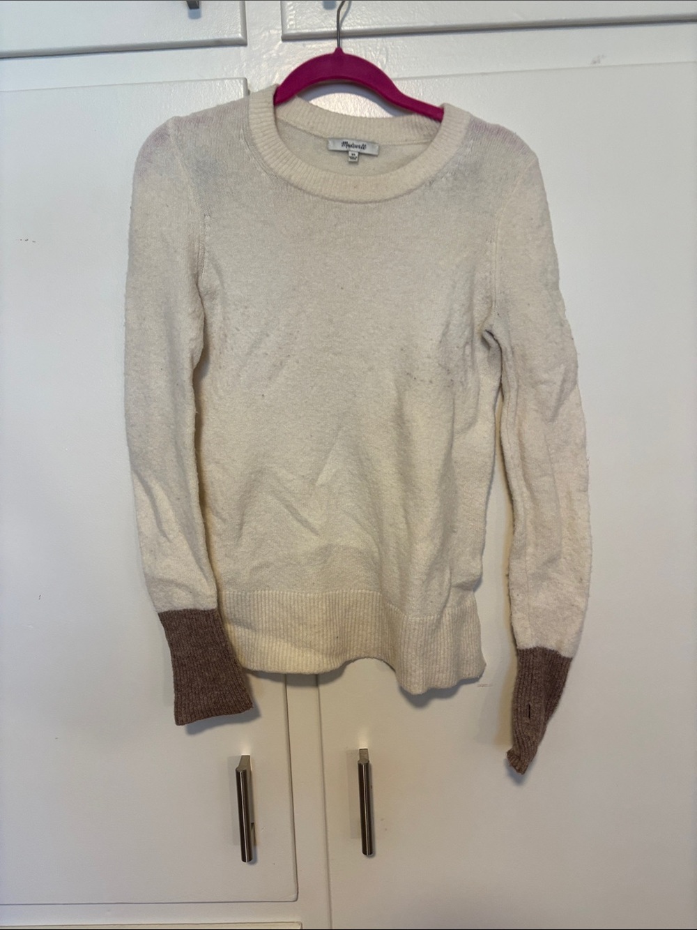 Madewell Cream Crewneck Sweater with Brown Contrast Cuffs